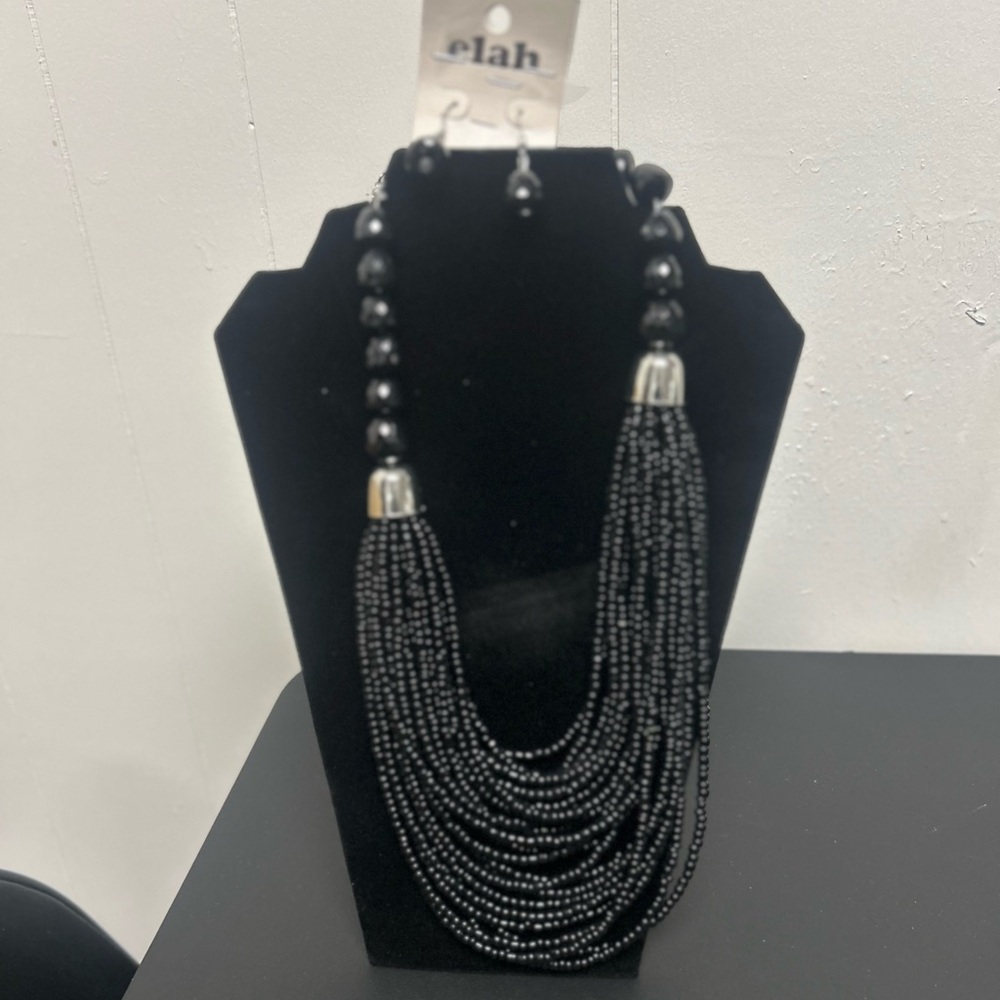 Elegant Black Beaded Necklace and Earring Set